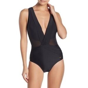 Nicole Miller Womens Black Plunging Neckline
(NWT ) One Piece Swimsuit Swimwear
